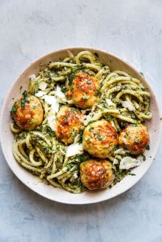 Baked Chicken Meatballs with Broccoli Pesto Pasta - 30 Stunning Dishes Made with Chicken Meatballs