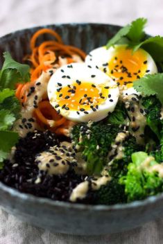 Black Rice Vegetable and Egg Bowls with Peanut Sauce - 25 Stunning Breakfast Bowls Loaded with Greens
