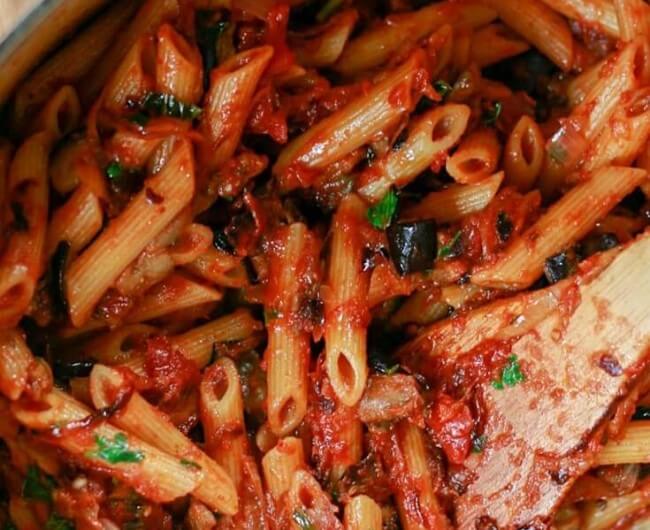 Eggplant, Caramelized Onion and Tomato Pasta