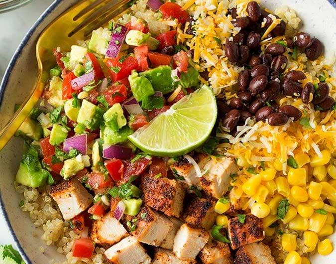 Grilled Chicken and Quinoa Burrito Bowls with Avocado Salsa