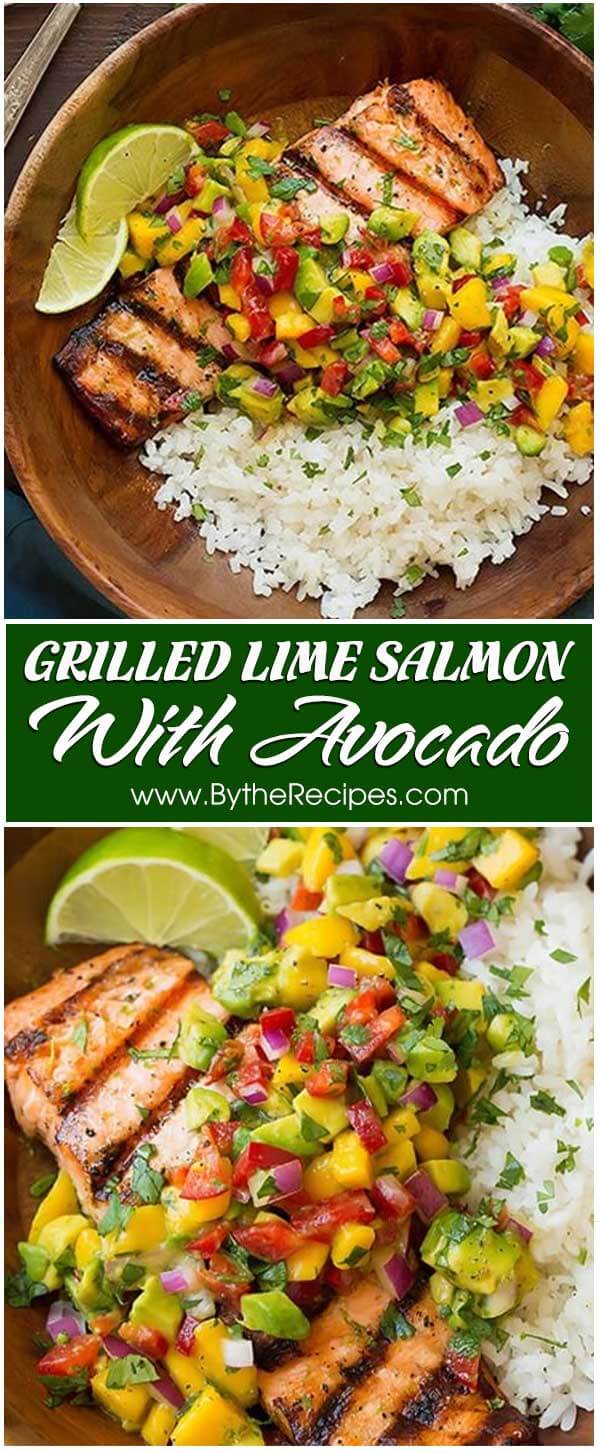 Grilled Lime Salmon with Avocado-Mango Salsa and Coconut Rice