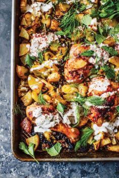 Harissa Chicken with Leeks Potatoes and Yogurt - 30 Incredibly Good Sheet Pan Chicken Dinner