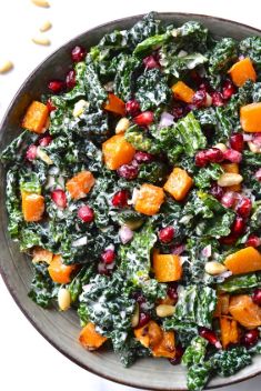 Kale Butternut Squash Pomegranate Salad with Lemon Tahini Dressing - Here Are What To Make with Pomegranate!