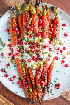 Maple Roasted Carrots in Tahini Sauce with Pomegranate and Pistachios - Here Are What To Make with Pomegranate!