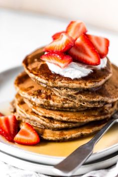 Oatmeal Banana Pancakes with Maple Strawberries - 25 Easy And Healthy Strawberry Banana Recipes