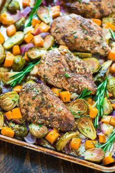 Paleo Harvest Sheet Pan Chicken Dinner with Sweet Potatoes Apples and Brussels Sprouts - 30 Incredibly Good Sheet Pan Chicken Dinner