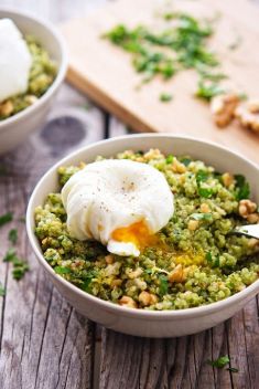 Quinoa Kale Pesto Bowls with Poached Eggs - 25 Stunning Breakfast Bowls Loaded with Greens
