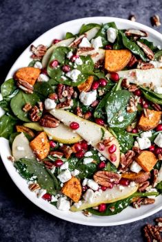 Roasted Sweet Potato Pear Pomegranate Spinach Salad - Here Are What To Make with Pomegranate!