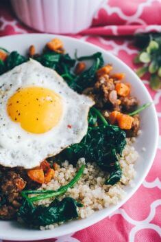 Sausage Sweet Potato Spinach Quinoa Bowls with Egg - 25 Stunning Breakfast Bowls Loaded with Greens