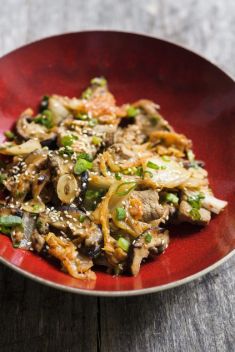 Sesame Stir Fried Pork with Shiitakes - 25 Appetizing Recipes For Mushroom Stir Fry