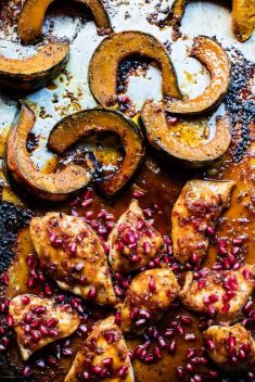Sheet Pan Sticky Pomegranate Chicken and Honey Roasted Squash - Here Are What To Make with Pomegranate!