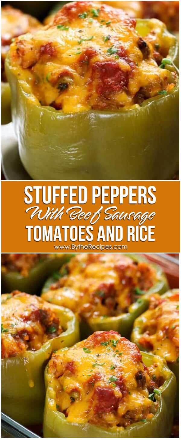 Stuffed Peppers with Beef, Sausage, Tomatoes and Rice