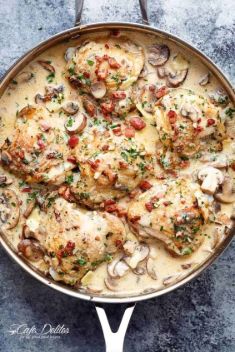 Creamy Baked Chicken Thighs with Mushrooms Bacon - 30 “Addictive” Keto Chicken Dishes For Dinner