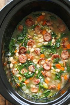 Slow Cooker Sausage Spinach and White Bean Soup - 30 Super Delicious Sausage Soups For A Crowd